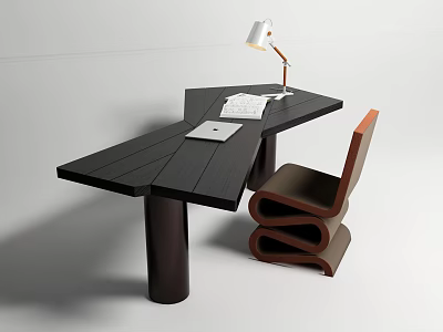 Modern Black Angular Desk With Table Lamp Keyboard Tablet And Curved Chair 3d model