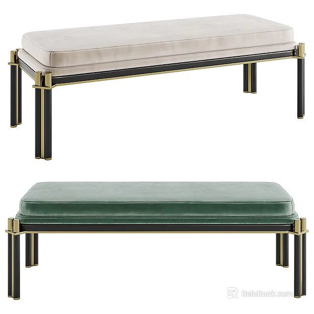 Cream And Green Upholstered Bed Bench With Black And Gold Metal Legs 3d model 