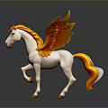 White Pegasus Figure With Orange Yellow Wings Tail And Hooves On Dark Background