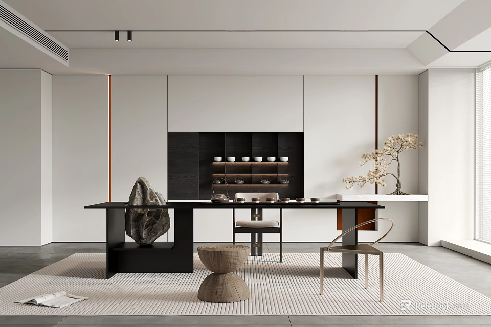 Modern Tea Room Interior With Wooden Table Tea Sets And Decorative Plant 3d model 