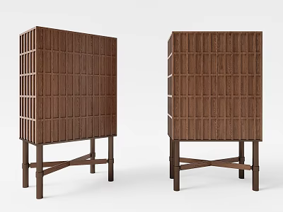 Two Wooden Wine Cabinets With Lattice Front Design And Sturdy Cross Legs 3d model