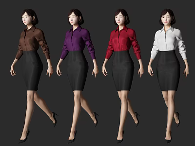 Women Wearing Different Colored Blouses And Black Skirts Walking Pose 3d model