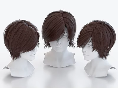 Brown Short Hair Wig Ornament Display Set On White Mannequin Heads From Multiple Angles 3d model