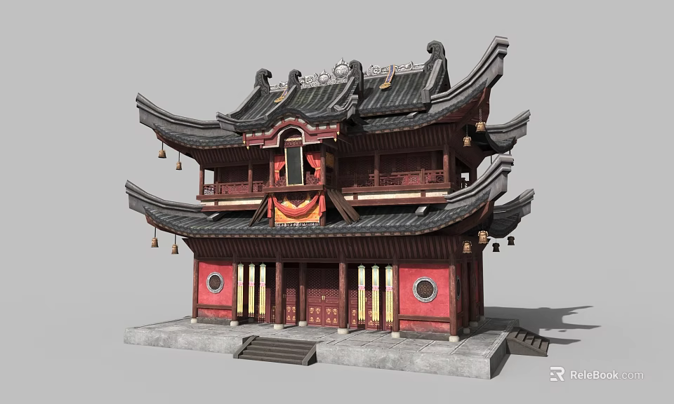 Traditional Chinese Architecture Featuring Two Story Wooden Structure Curved Eaves Black Tiles And Red Walls 3d model 