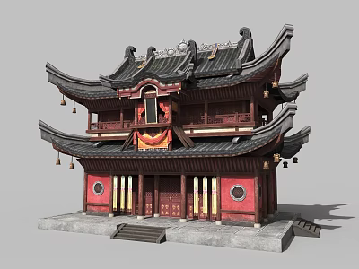 Traditional Chinese Architecture Featuring Two Story Wooden Structure Curved Eaves Black Tiles And Red Walls 3d model