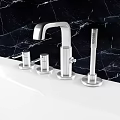 White Bathtub With Sleek Design And Faucet On Black Marble Background