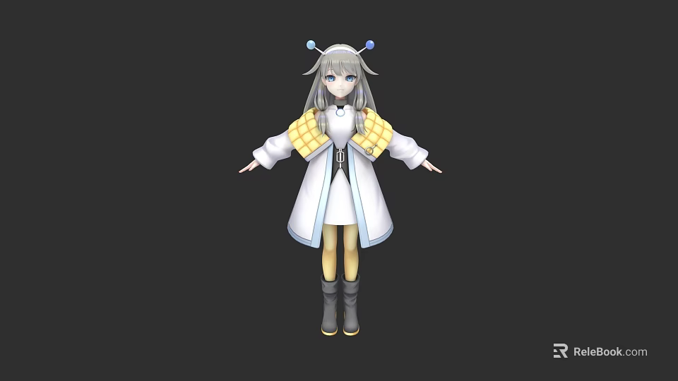Woman with long gray hair blue hairpins wearing white yellow coat white dress arms outstretched 3d model 
