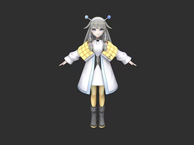 Woman with long gray hair blue hairpins wearing white yellow coat white dress arms outstretched 3d model