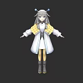 Woman with long gray hair blue hairpins wearing white yellow coat white dress arms outstretched