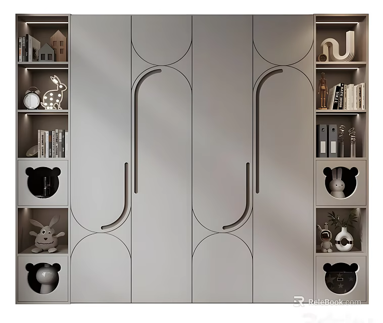 Modern Wardrobe With Curved Handles And Open Shelves For Decorative Items 3d model 