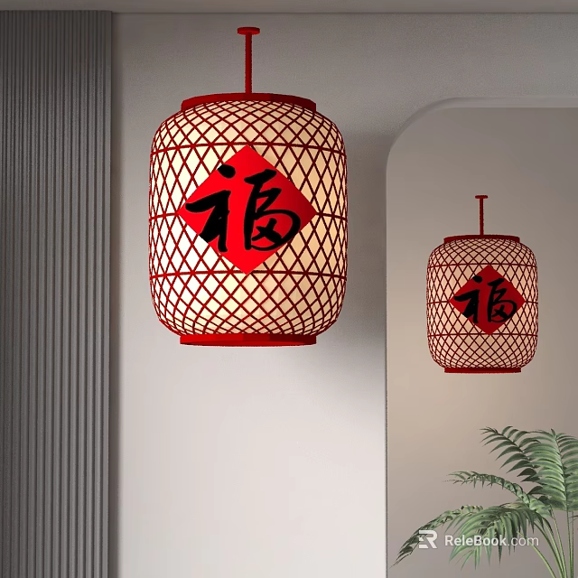 Traditional Red Chinese Lanterns With Fu Character Bamboo Frame For Indoor Hanging Decoration 3d model 