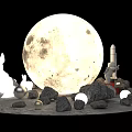 Full Moon Scene With Rabbits Rocket And Rocks On Lunar Surface 3d model
