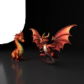 Red Dragons With Wings As Flying Animals In Two Poses Sitting And Flying