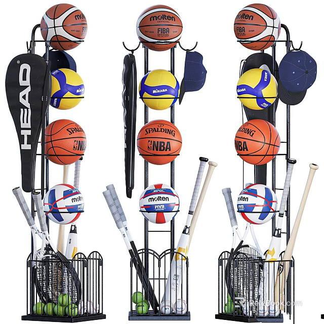 Multilayer Sports Equipment Storage Rack with Basketballs Volleyballs Tennis Rackets and Bats 3d model 