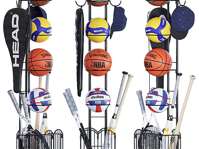 Multilayer Sports Equipment Storage Rack with Basketballs Volleyballs Tennis Rackets and Bats 3d model