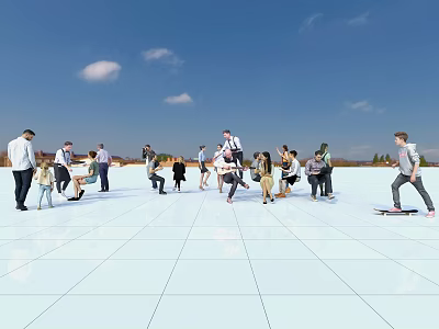 Group of People Skateboarding Standing And Talking On White Plaza Under Blue Sky 3d model