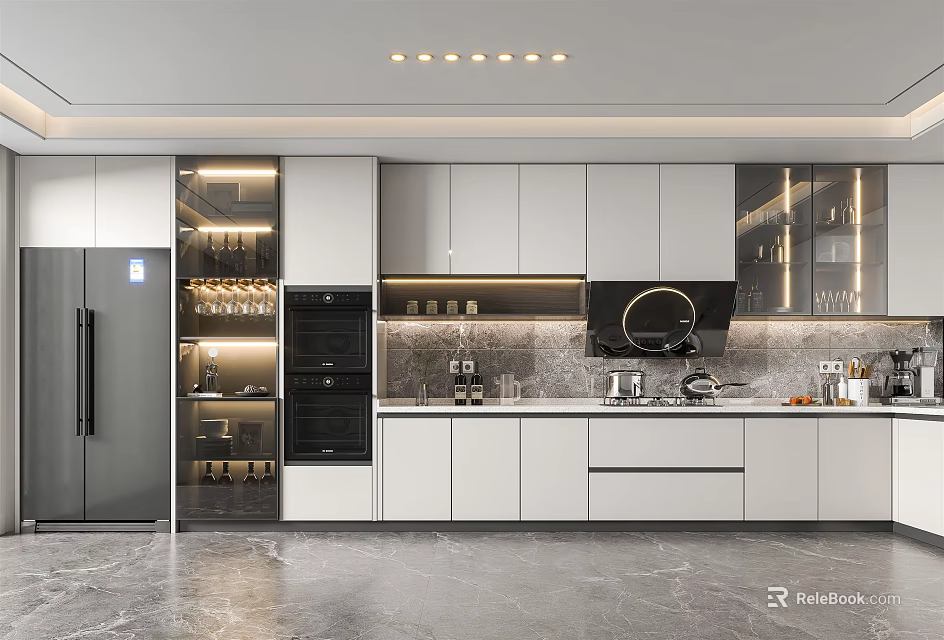 Modern Kitchen Interior Design With White Cabinets Gray Countertops And Stainless Steel Appliances 3d model 