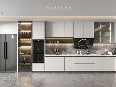 Modern Kitchen Interior Design With White Cabinets Gray Countertops And Stainless Steel Appliances 3d model