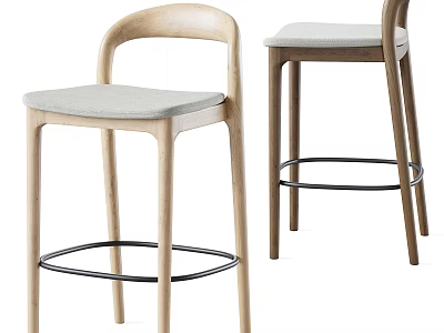 Modern Wooden Bar Stools With Light Gray Cushion Curved Back And Metal Foot Ring 3d model