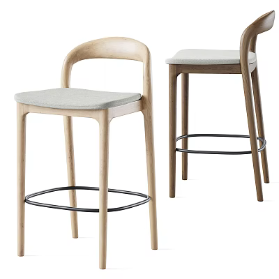 Modern Wooden Bar Stools With Light Gray Cushion Curved Back And Metal Foot Ring 3d model