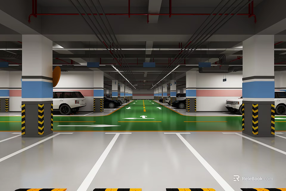 Modern Parking Garage Interior With Green Floor Yellow Lines And Parked Cars 3d model 