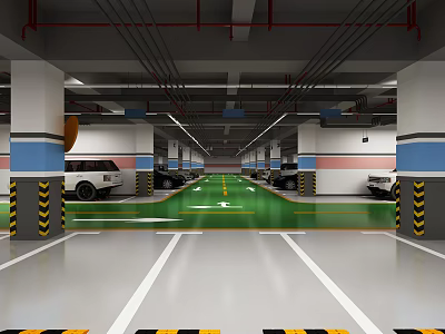 Modern Parking Garage Interior With Green Floor Yellow Lines And Parked Cars 3d model