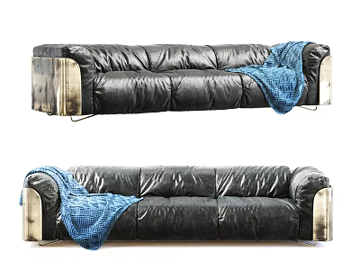 Black Leather Sectional Sofa With Gold Accent Arms And Blue Throw Blanket 3d model