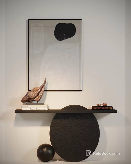 Sleek Console Table Featuring Framed Artwork Sculpture And Decorative Items Against White Wall 3d model