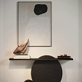 Sleek Console Table Featuring Framed Artwork Sculpture And Decorative Items Against White Wall 3d model