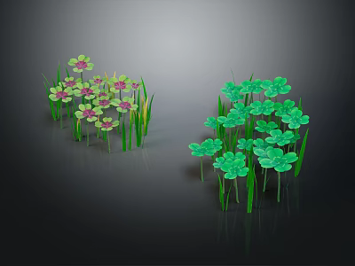 Two Plant Clusters with Left Pink Yellow Flowers and Right Green Clover Leaves Dark Background 3d model