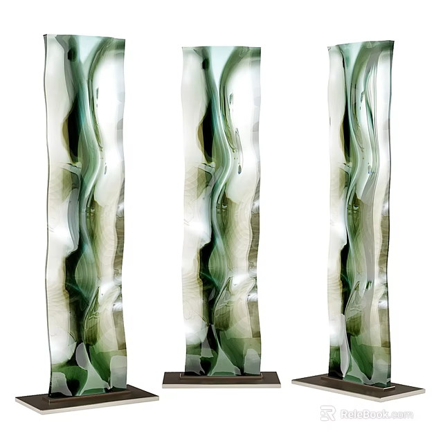 Decorative Glass Ornament Set with Green White Wave Pattern and Black Base for Home Interior Decoration 3d model 