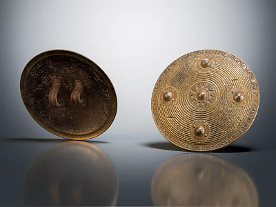 Two Metallic Ancient Shields With Ornate Studs And Decorative Patterns As Historical Weapon 3d model