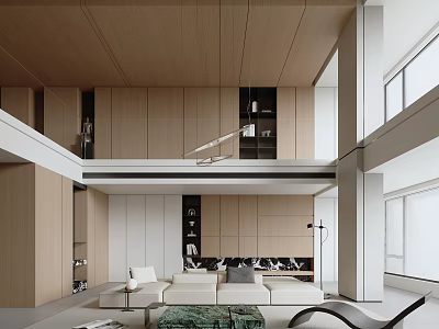 Modern Loft Living Room With Wooden Details And Open Layout 3d model