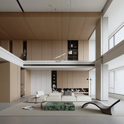 Modern Loft Living Room With Wooden Details And Open Layout 3d model