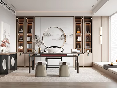 Elegant Traditional Chinese Study Room With Wooden Bookshelves Writing Desk And Circular Decorative Painting 3d model