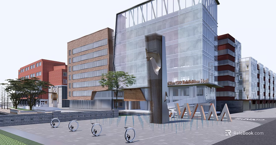 Modern Office Building With Glass Facade Unique Design Plaza Trees And Bicycle Racks 3d model 