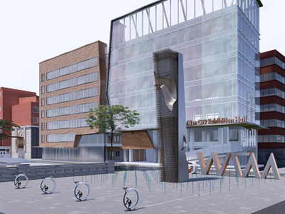 Modern Office Building With Glass Facade Unique Design Plaza Trees And Bicycle Racks 3d model