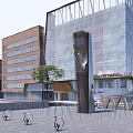 Modern Office Building With Glass Facade Unique Design Plaza Trees And Bicycle Racks