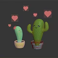 Cartoon Cacti With Smiling Faces In Colorful Patterned Pots And Pink Hearts Around