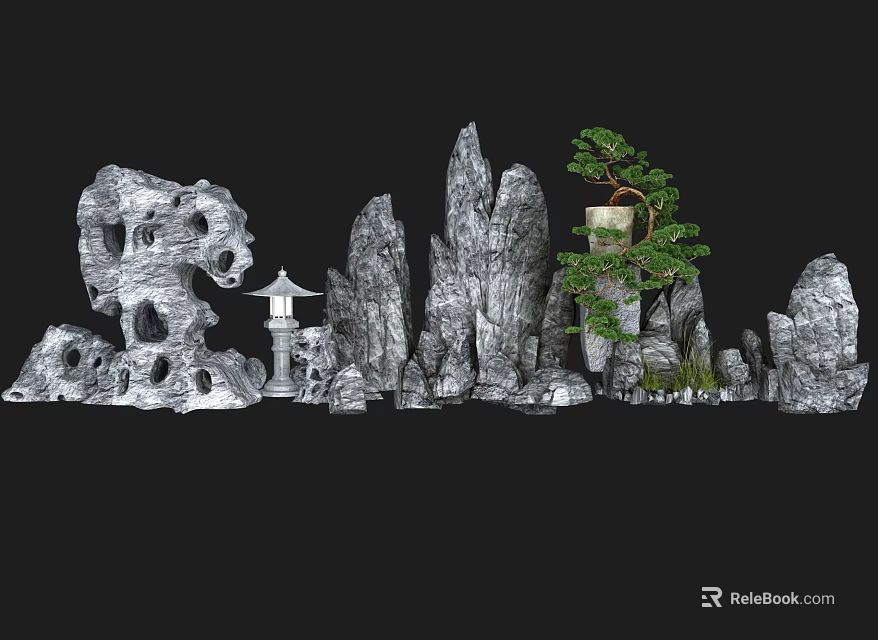 Garden Ornaments Featuring Rock Formations Stone Lantern And Pine Tree 3d model