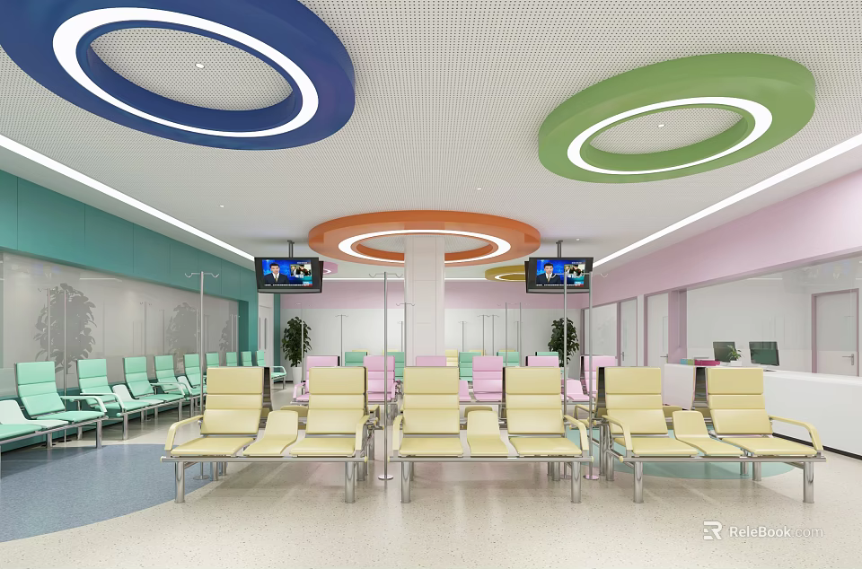 Modern Medical Waiting Area With Colorful Ceiling Rings TV Screens And Yellow Chairs 3d model 