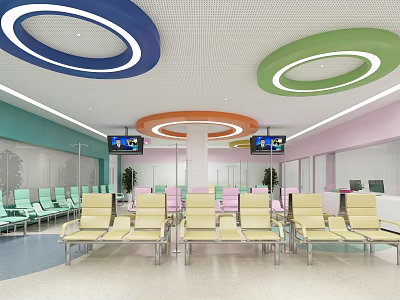 Modern Medical Waiting Area With Colorful Ceiling Rings TV Screens And Yellow Chairs 3d model