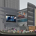 Modern Commercial Complex With Glass Facade Large Digital Billboards And Pedestrians In Evening