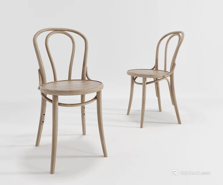 Two Wooden Dining Chairs With Curved Back And Simple Round Seat Design 3d model 
