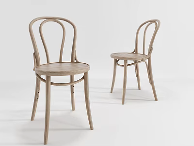 Two Wooden Dining Chairs With Curved Back And Simple Round Seat Design 3d model