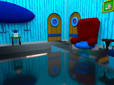 Indoor Room With Blue Walls Arched Doors Circular Windows Red Chair And Green Framed Painting 3d model
