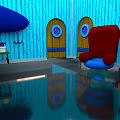 Indoor Room With Blue Walls Arched Doors Circular Windows Red Chair And Green Framed Painting