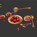 Golden Utensils Display With Red Tomatoes And Petals On Black Surface
