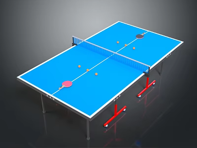 Blue Ping Pong Table Furniture With White Trim Red Legs Net Red Rackets And Balls 3d model