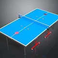 Blue Ping Pong Table Furniture With White Trim Red Legs Net Red Rackets And Balls